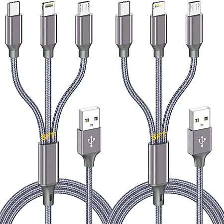 2-Pk 6' HaoKanDe MFi 3-in-1 Multi Charging Cable (Lightning, USB-C & Micro USB)
