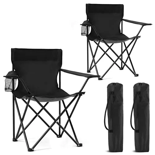 Canpsky 2 Pack Portable Folding Camping Chairs w/ Cup Holder & Carry Bag (Black-Dark)