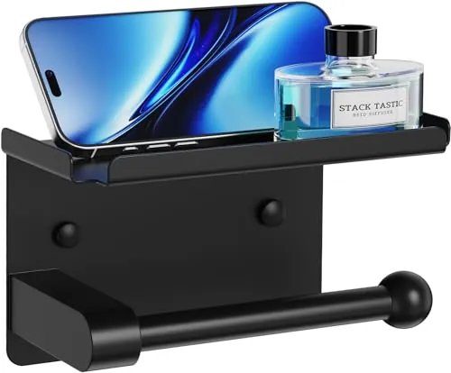 Toilet Paper Holder with Phone Storage Shelf, Matte Black