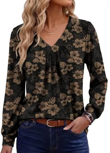 OFEEFAN Ruched V Neck Long Sleeve Shirts
