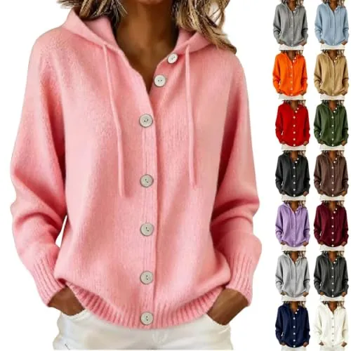 Hooded Cardigan Sweaters for Women Button Up Pullover Cute Knit Hoodies