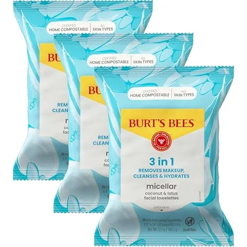 Burt's Bees Facial Cleansing Makeup Remover Face Wipes, 3-in-1 Hydrating Micellar, 90 Count 3-Pack