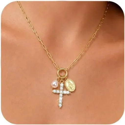 Gold Virgin Mary Cross Necklace - 14K Gold Plated