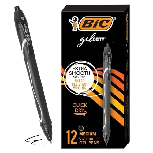 BIC Gelocity Quick Dry Black Gel Pens, Medium Point (0.7 mm), 12-Count