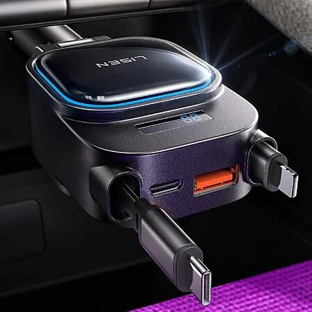 LISEN 4-in-1 Up to 96W Car Charger w/ Retractable USB-C + L Cable