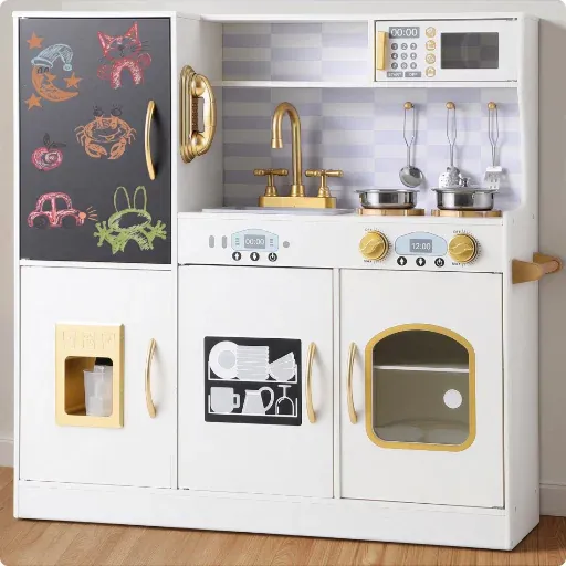 COCLUB Wooden Kids Kitchen Playset with Chalkboard, Ice Maker, Play Phone, Cookware, and Microwave