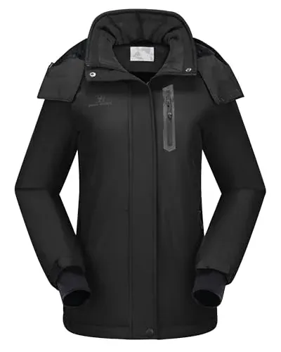 CAMEL CROWN Women's Ski Jacket Waterproof Warm Winter Snow Coat Hooded Mountain Outdoor Windbreaker Windproof Jacket Black L