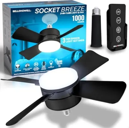 Bell+Howell Socket Breeze Deluxe Small Ceiling Fan w/ Light, Remote