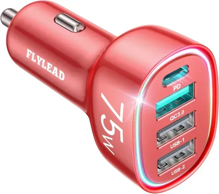 FLYLEAD 75W 4-Port Car Charger w/ USB-C PD 60W & QC 3.0