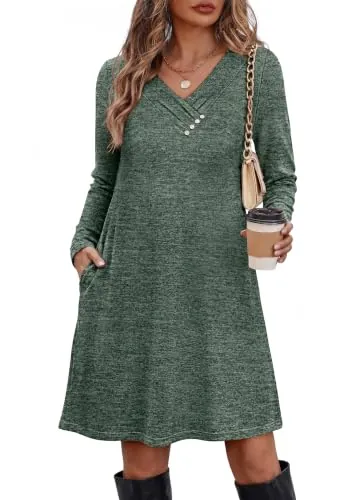 OFEEFAN Long Sleeve Tunic Button V Neck Dress
