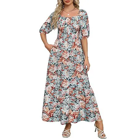 Lyrur Women’s Puff Sleeve Square Neck Ruffle A Line Maxi w/ Pockets (various)