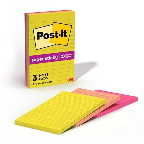 Post-it Super Sticky Notes, 4 x 6 in, Summer Joy, 3 Lined Pads