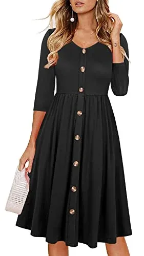 Lamilus Women's Casual Fall 3/4 Sleeve V-Neck Button Down A-Line Swing Party Dress (S, Black-026-3/4)