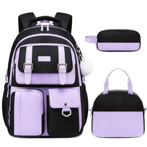 3-Piece Girls' School Backpack Set with Lunch Bag & Pencil Case
