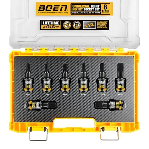 BOEN 8 Pcs 1/2" Drive Impact Hex Bit Set (6, 7, 8, 10, 12, 14, 17, 19mm) CR-MO Steel