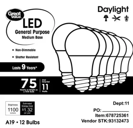 12-Pack Great Value LED 75W 1050-Lumens A19 Light Bulbs