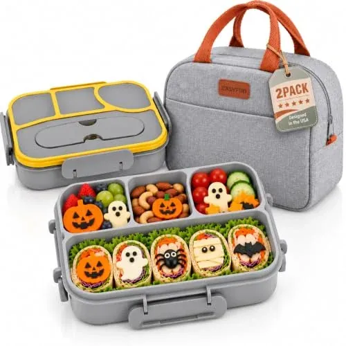 EASYFUN 2-Piece 40-Oz Lunch Bag and 4-Compartment Bento Box Set (Grey)