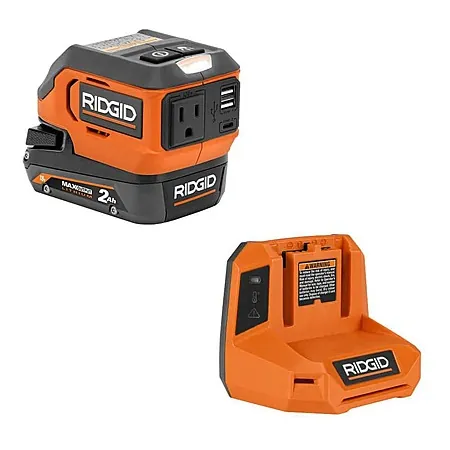 RIDGID 18V Cordless Inverter Kit w/ 2.0 Ah MAX Output Battery, Charger, & AC Inverter