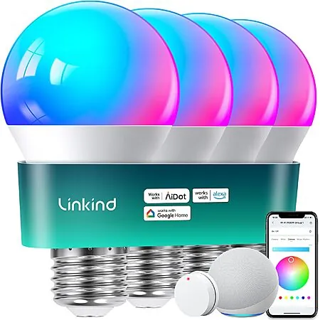 4-Pk Linkind A19 E26 9W RGBTW Color Changing Smart LED Light Bulbs