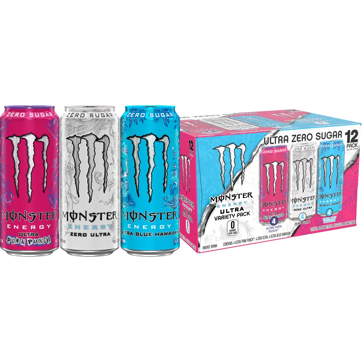 Monster Energy Ultra Variety Pack Zero Ultra, Blue Hawaiian, Punk Punch Sugar Free Energy Drink 12 Pack 16 fl oz Can
