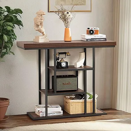 42" HABUTAY Industrial Entryway Table w/ 4-Tier Storage Shelves (Rustic Brown)
