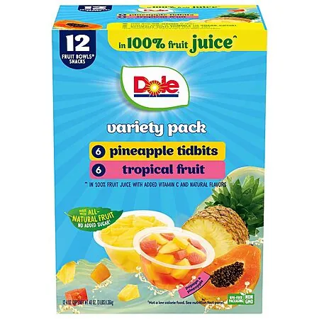 12-Pk 4-Oz Dole Fruit Bowl Snacks (Pineapple Tidbits & Tropical Fruit)