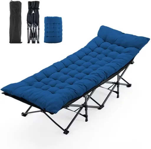 Sweetcrispy 74'' Folding Camping Cot with Mattress Blue