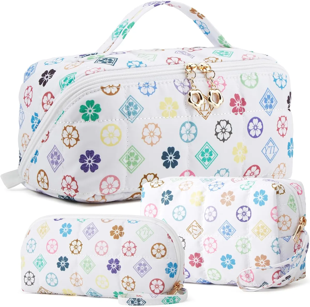 Cosmetic Bag Set in Triwhite Flower Puffer