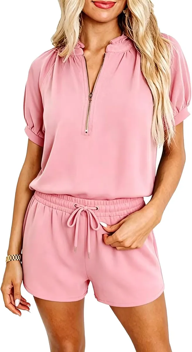 KEVAMOLLY Half-Zip Puff Sleeve 2 Piece Lounge Set