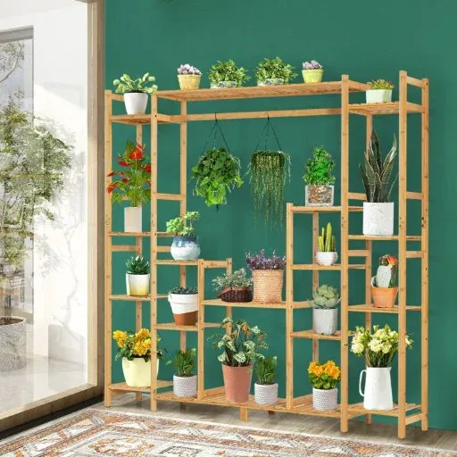 Costway 9-Tier Bamboo Plant Stand w/ Hanging Rack