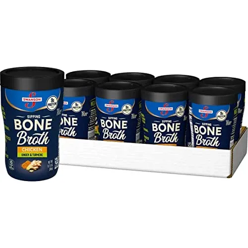 Swanson Sipping Chicken Bone Broth With Ginger and Turmeric, 10.75 oz Microwavable Cup (8-Pack)