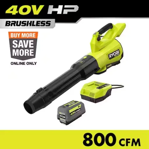 RYOBI 40V HP Brushless Whisper Series 180 MPH 800 CFM Cordless Battery Leaf Blower with 8.0 Ah Battery and Charger