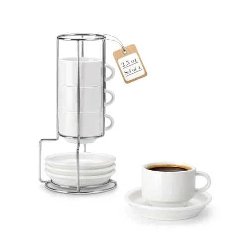 Malacasa 4-Pack 2.5-Ounce Porcelain Espresso Cups w/ Saucers & Metal Stand