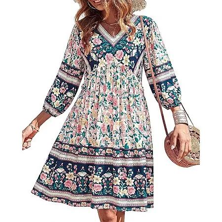BTFBM Women's Floral V-Neck Ruffle Mini Dress w/ 3/4 Balloon Sleeves (various)