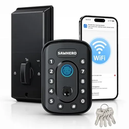 SawHero Keyless Entry Fingerprint & Keypad Deadbolt w/ Built-in WiFi (Matte Black)