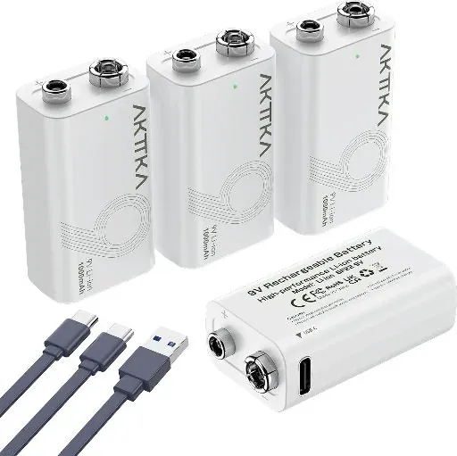 AKTTKA Rechargeable 9V Lithium Batteries with USB C Charging, 4 Pack