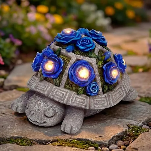 Solar Garden Outdoor Decor Turtle Statue, Dark Blue Roses & 7 LED Lights