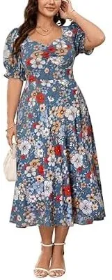 SCOMCHIC Plus Size Boho Floral Puff Sleeve Sweetheart Neck Ruched Bust Flowy A-Line Sun Midi Dress