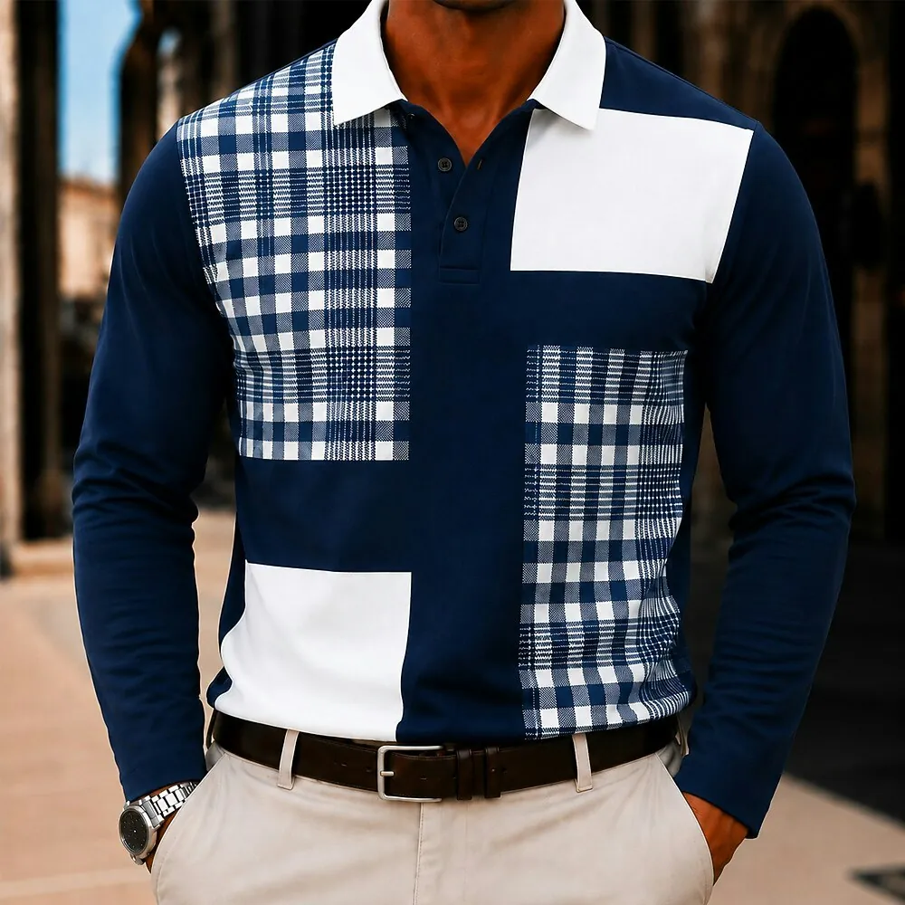 Men's Plaid Geometric Long Sleeve Polo Shirt for 2