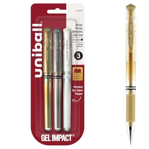 Uniball Signo Gel Impact Pens, 3-Pack, Bold 1.0mm, Assorted Metallic