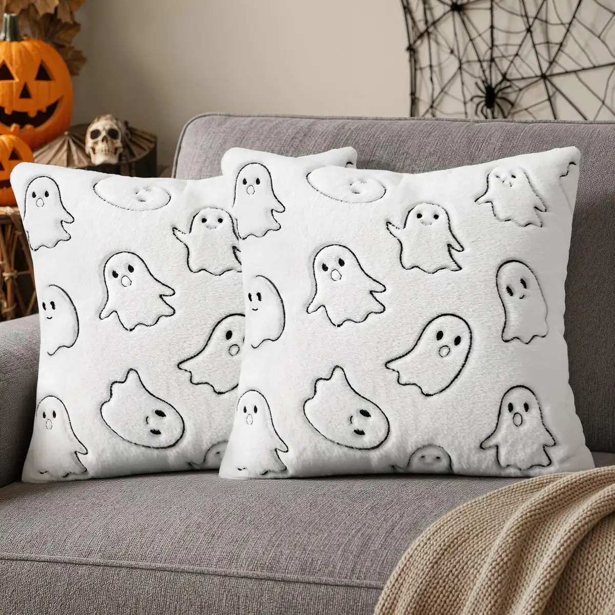 MIULEE Faux Rabbit Fur Ghost Halloween Pillow Covers 18″x18″ 2-Pack