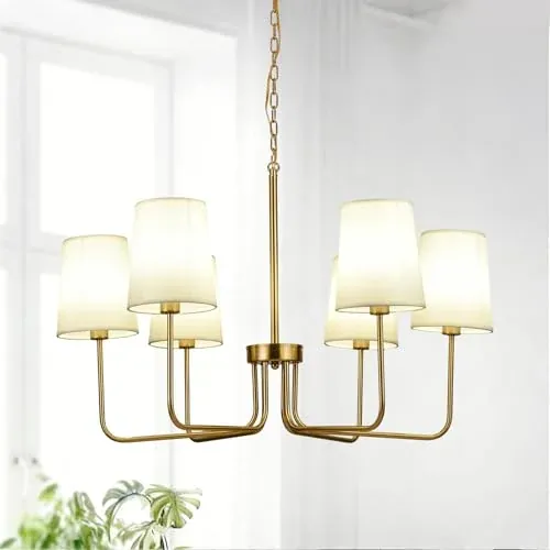 Brushed Gold Farmhouse Chandelier with White Fabric Shades