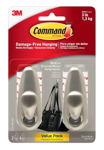 Command Medium Brushed Nickel Hooks, 2 Wall Hook and 4 Strips