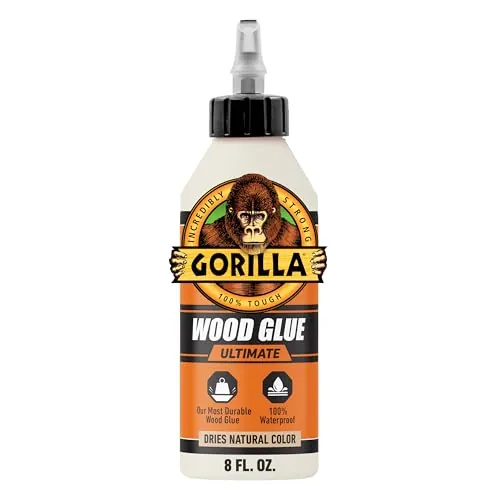 Gorilla Ultimate Waterproof Wood Glue, Natural Color, 8 oz | PVA Glue, Tough Bond Strength, Bonds Hardwoods and Softwoods, Ideal for Indoor or Outdoor Projects & Repairs
