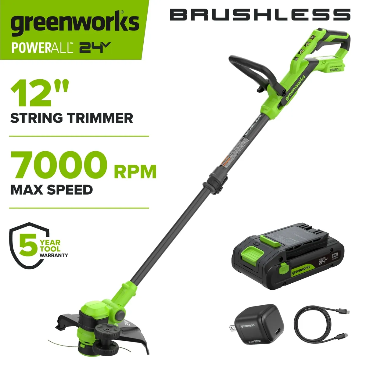 Greenworks PowerAll 24V Brushless 12" String Trimmer with 3.0 Ah USB-C Battery