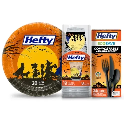 Hefty Halloween Collection Hosting Essential Set 15 Cups, 20 Plates, 24-Piece Cutlery