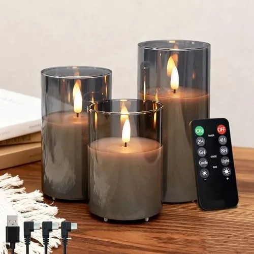 Rechargeable Flameless Candle 3-Pack with Remote in Transparent Grey