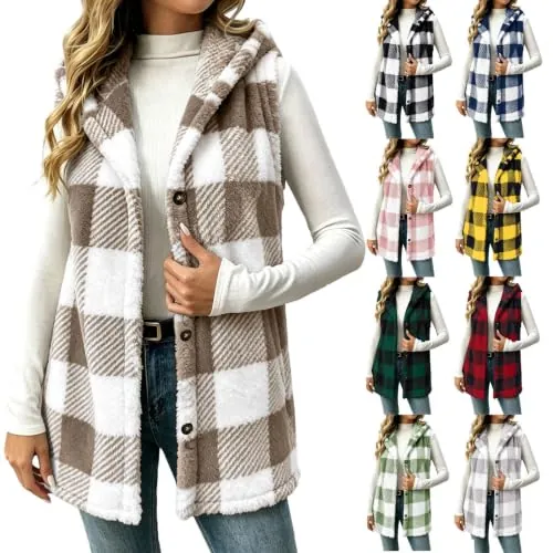 Plaid Fleece Vest Jackets with Hood
