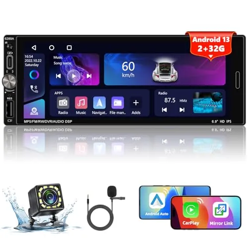 Android 13 Single DIN Car Stereo 6.9 Inch HD Touchscreen