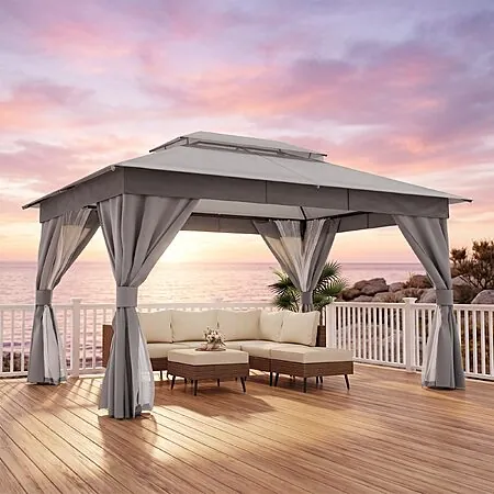 10' x 12' LAUSAINT HOME Gazebo Canopy w/ Netting, Curtains & Double Roof (Gray)